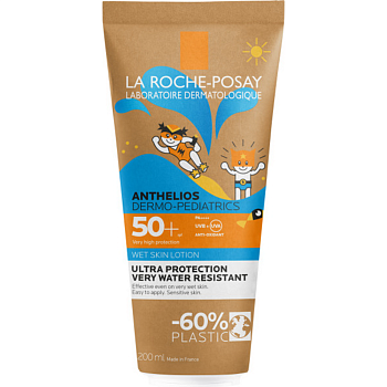 Детский солнцезащитный гель La Roche-Posay Anthelios Dermo-pediatrics с технологией нанесении на влажную кожу для лица и тела SPF 50+, 200 мл
